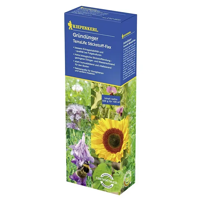 Kiepenkerl Gründüngung - Verschiedene Sorten, TerraLife Stickstoff-Fixx, 100 m² - Das Produkt ist ein "KIEPENKERL Gründünger TerraLife Stickstoff-Fixx" zur Bodenverbesserung und Stickstoffbindung mit natürlichen Inhaltsstoffen.