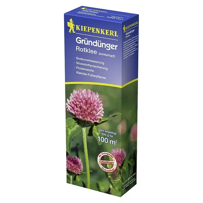 Kiepenkerl Gründüngung - Trifolium pratense, Rotklee, 100 m² - Produktverpackung Kiepenkerl Gründünger Rotklee (winterhart) für Bodenverbesserung, Stickstoffanreicherung und proteinreiche Tierfutterpflanze.