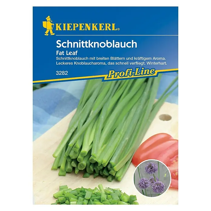 Kiepenkerl Profi-Line Kräutersamen Schnittknoblauch Fat Leaf - Allium x Hybrida, Erntezeit: April - Bild der Samenpackung Schnittknoblauch 'Fat Leaf' von Kiepenkerl. Winterharte Sorte mit breiten Blättern und intensivem Knoblaucharoma.