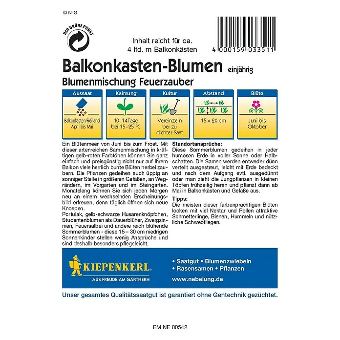 Kiepenkerl Profi-Line Blumensamen Feuerzauber - Verschiedene Sorten, Mehrfarbig - Abbildung der Samenpackung für Balkonkasten-Blumen "Feuerzauber", eine einjährige Blumenmischung für den Balkon.
