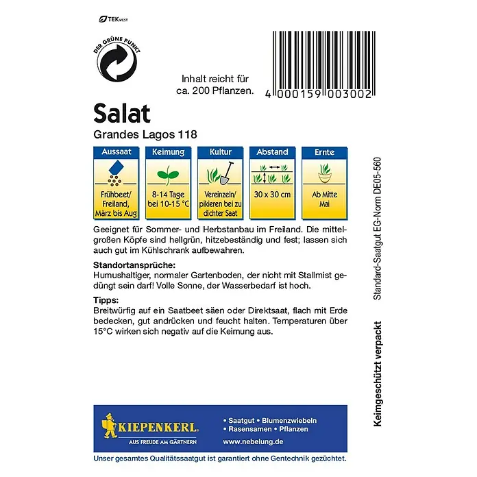 Kiepenkerl Salatsamen Eissalat Grandes Lagos 118 - Lactuca sativa - Bild einer Salat-Samenpackung der Sorte "Grandes Lagos 118" von Kiepenkerl mit Anbauhinweisen.