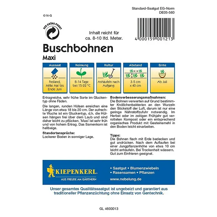 Kiepenkerl Profi-Line Gemüsesamen Buschbohne - Maxi, Phaseolus vulgaris var. nanus, Erntezeit: Juli - Abbildung der 'Buschbohnen Maxi' Samenpackung mit Informationen zu Aussaat, Keimung, Kultur, Abstand und Erntezeitpunkt.