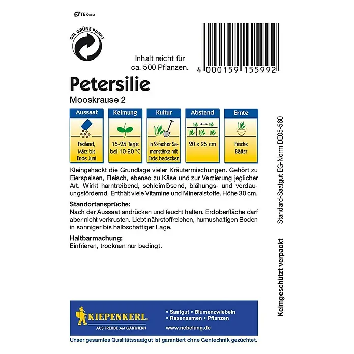 Kiepenkerl Kräutersamen Petersilie Mooskrause 2 - Petroselinum crispum, Saatzeit: März, Erntezeit: Juni - Bild einer Petersilien-Samenpackung. Inhalt reicht für ca. 500 Pflanzen, Mooskrause 2.