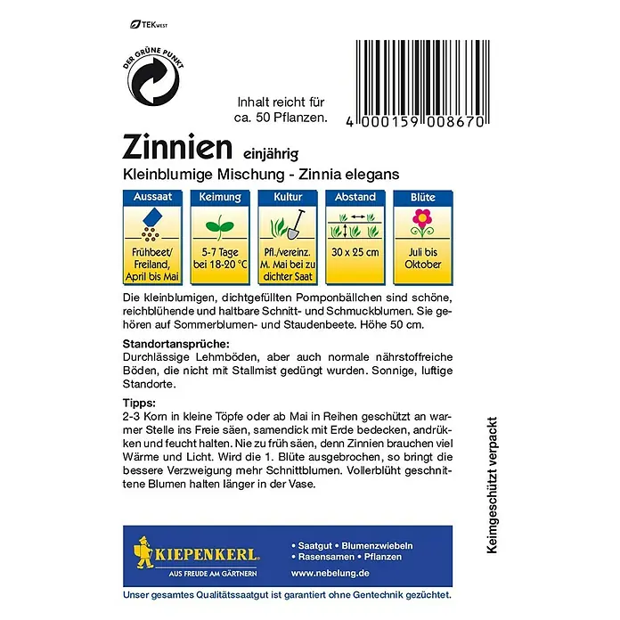 Kiepenkerl Blumensamen Zinnie kleinblumige Mischung - Zinnia elegans, Mehrfarbig - Samentüte Zinnien, einjährige, kleinblumige Mischung. Anbauhinweise für üppige Zinnien im Garten oder im Topf.