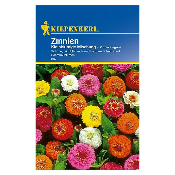 Kiepenkerl Blumensamen Zinnie kleinblumige Mischung - Zinnia elegans, Mehrfarbig - Samenpackung Zinnien der Marke Kiepenkerl mit einer farbenfrohen Mischung, ideal für Beet und Vase.