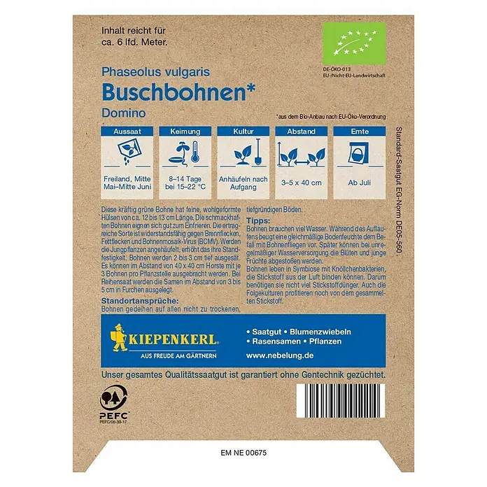 Kiepenkerl Profi-Line Gemüsesamen Buschbohne - Bio Domino, Phaseolus vulgaris var. nanus, Erntezeit: Juli - Abbildung einer Saatguttüte für 'Domino' Buschbohnen der Marke Kiepenkerl, ideal für den Anbau im eigenen Garten.