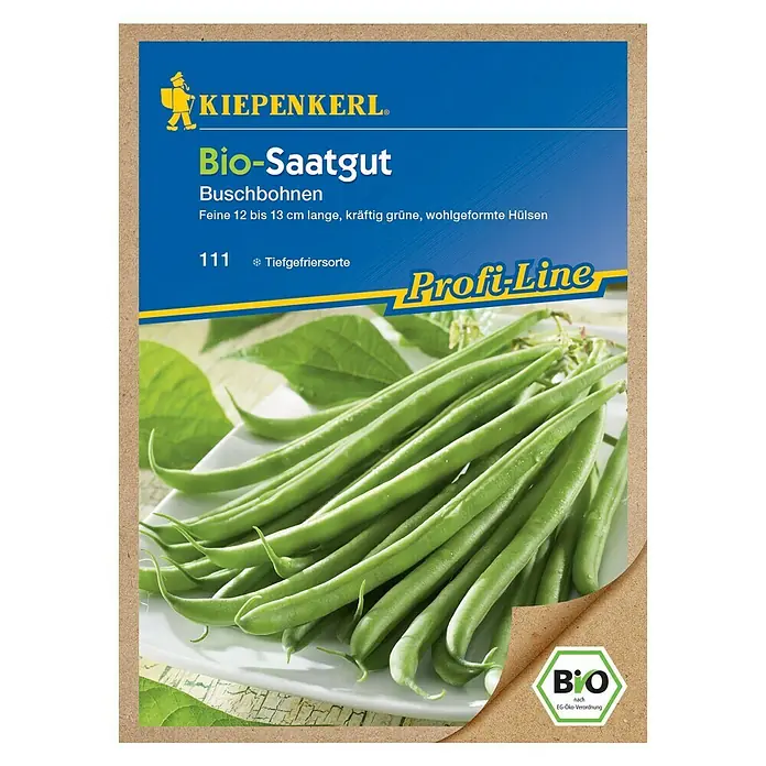 Kiepenkerl Profi-Line Gemüsesamen Buschbohne - Bio Domino, Phaseolus vulgaris var. nanus, Erntezeit: Juli - Abbildung einer Samenpackung Kiepenkerl Bio-Saatgut Buschbohnen, die feine, grüne, wohlgeformte Hülsen verspricht.