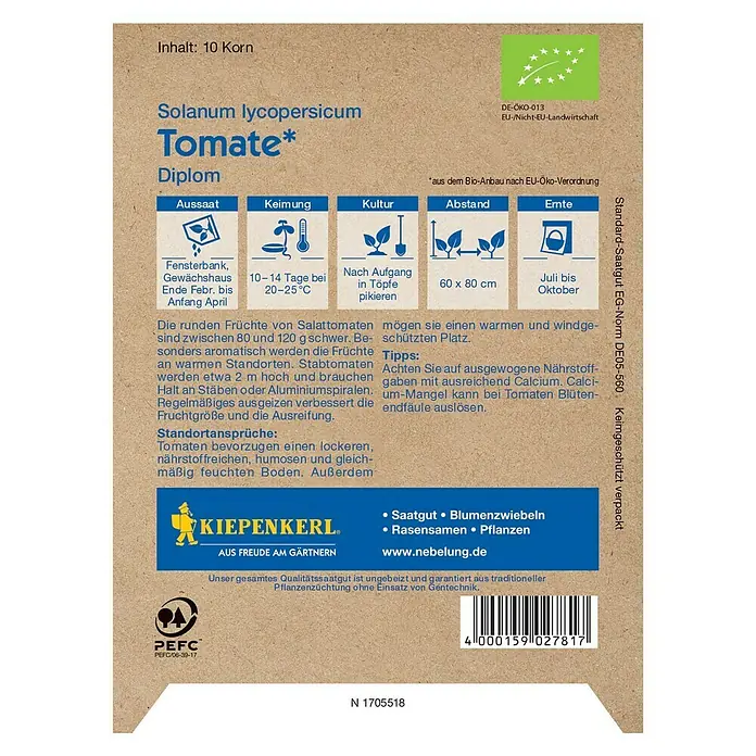 Kiepenkerl Profi-Line Gemüsesamen Tomate - Bio Stabtomate, Solanum lycopersicum, Erntezeit: Juli - Samentüte 'Solanum lycopersicum Tomate* Diplom' von Kiepenkerl. Hinweis auf Aussaat, Keimung, Kultur, Abstand und Ernte der Tomaten.