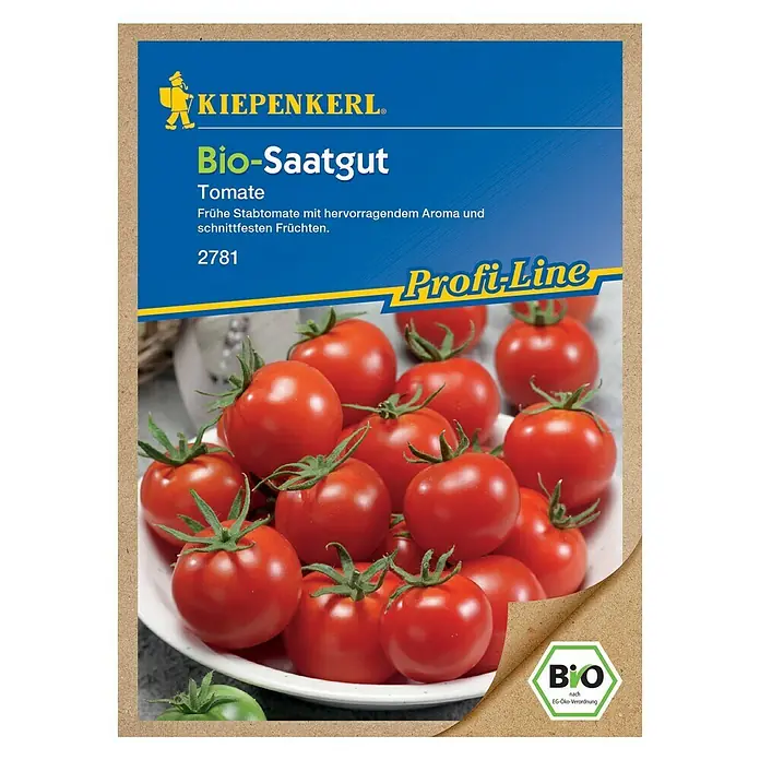 Kiepenkerl Profi-Line Gemüsesamen Tomate - Bio Stabtomate, Solanum lycopersicum, Erntezeit: Juli - Bild einer Kiepenkerl Bio-Saatgut Tomatenpackung, die köstliche, frühe Stabtomaten mit hervorragendem Aroma und schnittfesten Früchten verspricht.