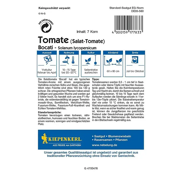 Kiepenkerl Profi-Line Gemüsesamen Tomate - Bocati F1, Solanum lycopersicum, Erntezeit: Juli - Abbildung der Verpackung von Bocati Salattomaten-Samen, die Informationen zu Anbau und Ernte enthält.