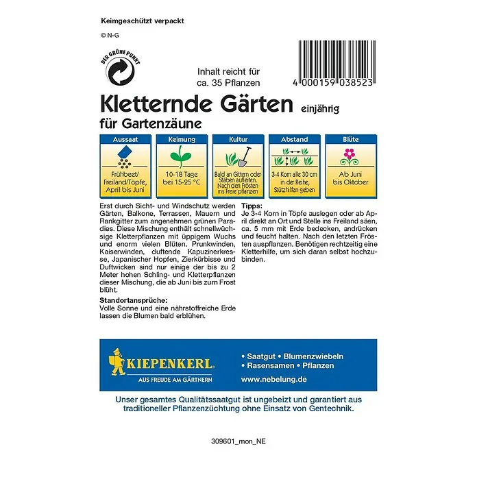 Kiepenkerl Profi-Line Blumensamen Kletternde Gärten 3852 - Verschiedene Sorten, Mehrfarbig - Abbildung der Samenpackung "Kletternde Gärten", ideal für die Begrünung von Gartenzäunen und anderen Kletterstrukturen.