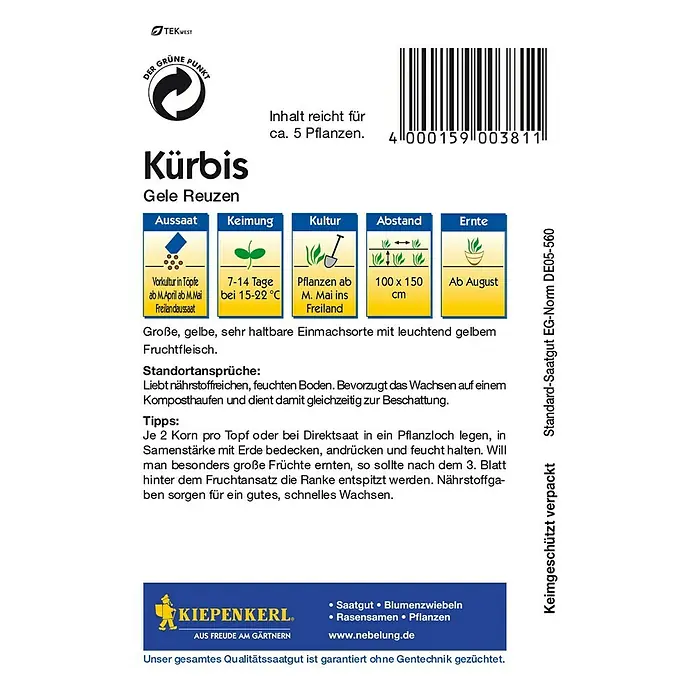 Kiepenkerl Gemüsesamen Kürbis - Gele Reuzen, Cucurbita maxima, Erntezeit: August - Samenpackung für Gele Reuzen Kürbis von Kiepenkerl. Informationen zu Aussaat, Keimung, Kultur und Erntezeitpunkt.