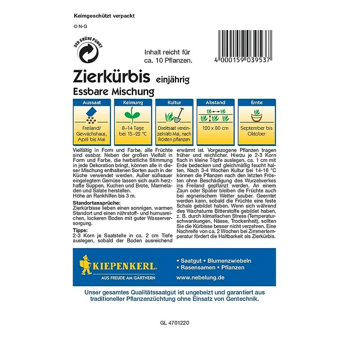 Kiepenkerl Profi-Line Saatgut Zierkürbis - Essbare Mischung, Cucurbita pepo - Bild einer Saatguttüte für einjährige Zierkürbisse der Marke Kiepenkerl, essbare Mischung, ideal für den Garten.