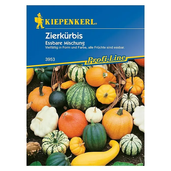 Kiepenkerl Profi-Line Saatgut Zierkürbis - Essbare Mischung, Cucurbita pepo - Bild einer Kiepenkerl-Samentüte Zierkürbis Essbare Mischung, mit vielen bunten Kürbissen.