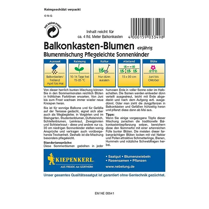 Kiepenkerl Profi-Line Blumensamen Pflegeleichte Sonnenkinder - Verschiedene Sorten, Mehrfarbig - Informationen zu Balkonkasten-Blumen: einjährige Blumenmischung für pflegeleichte Sonnenkinder mit Anweisungen zu Aussaat, Keimung, Kultur, Abstand und Blüte.