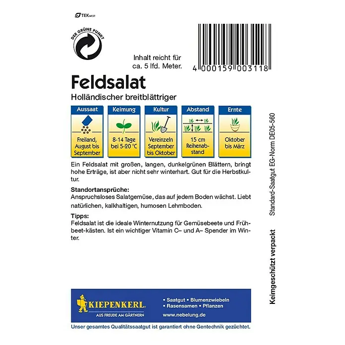 Kiepenkerl Salatsamen Feldsalat - Valerianella locusta, Holländischer breitblättriger, Erntezeit: Oktober - Bild einer Feldsalat-Samenpackung der Marke Kiepenkerl, ideal für den Anbau von vitaminreichem, winterhartem Feldsalat im eigenen Garten.