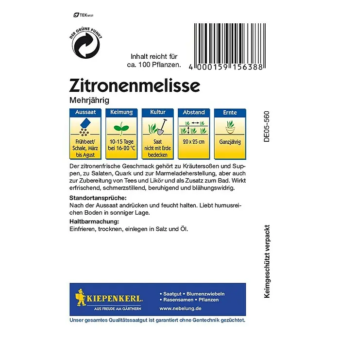 Kiepenkerl Kräutersamen Zitronenmelisse - Melissa officinalis, Erntezeit: Ganzjährig - Samentüte Zitronenmelisse von Kiepenkerl. Anweisungen zur Aussaat, Keimung, Kultur, Abstand und Ernte sind aufgedruckt.