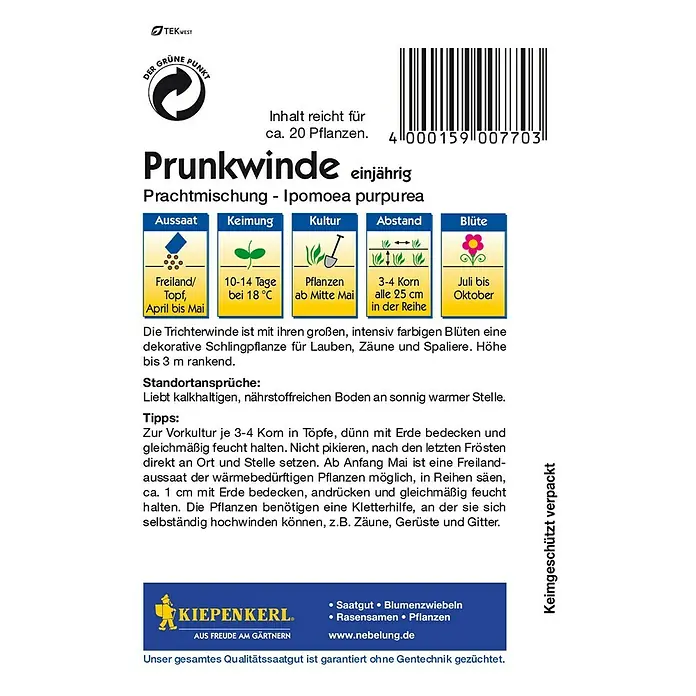 Kiepenkerl Blumensamen Prunkwinde Prachtmischung - Ipomoea purpurea, Mehrfarbig - Saatguttüte Prunkwinde, einjährig, von Kiepenkerl. Informationen zu Aussaat, Keimung, Kultur, Abstand und Blütezeit auf der Verpackung.