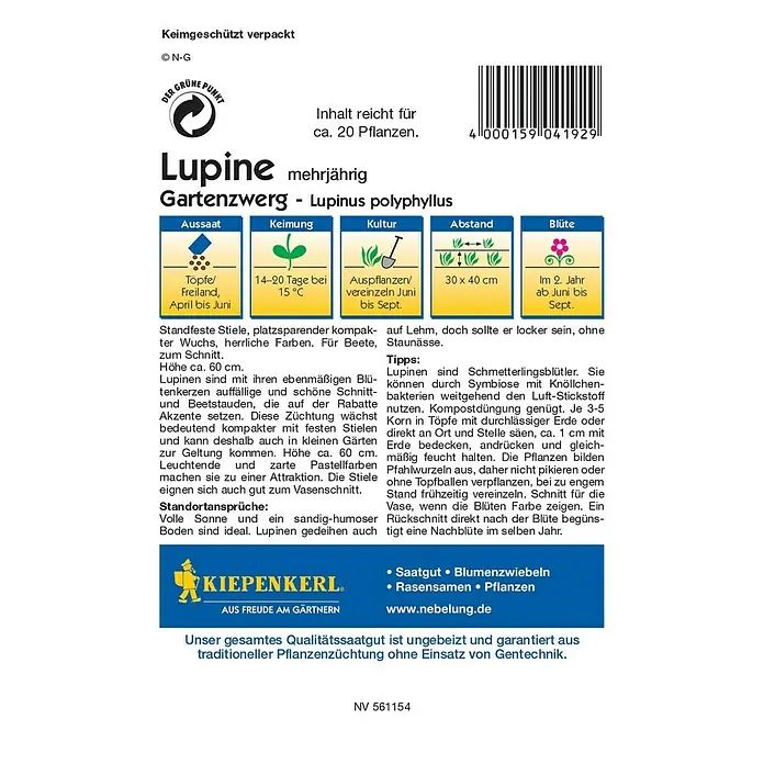 Kiepenkerl Profi-Line Blumensamen Lupine Gartenzwerg - Lupinus polyphyllus, Mehrfarbig - Verpackung für Lupine Gartenzwerg-Samen, mehrjährig, mit Anweisungen zu Aussaat, Keimung, Kultur, Abstand und Blüte.