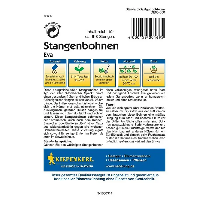 Kiepenkerl Profi-Line Gemüsesamen Stangenbohne - Eva, Phaseolus vulgaris var. vulgaris, Erntezeit: Juni - Saatguttüte Stangenbohnen 'Eva'. Ideal für den Anbau im Garten, ertragreich und widerstandsfähig gegen Bohnenkrankheiten.