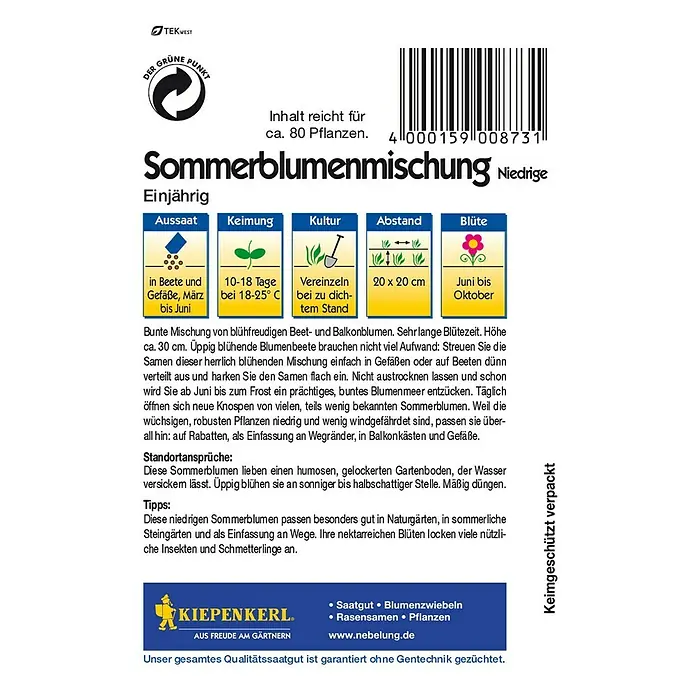 Blumensamenmischung Sommerblumenmischung - Verschiedene Sorten, Mehrfarbig - Abbildung der "Sommerblumenmischung niedrig", einer einjährigen Saatgutmischung für farbenfrohe Sommerblumen.