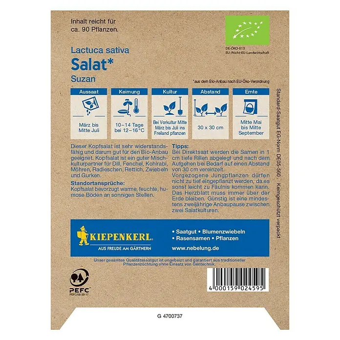 Kiepenkerl Profi-Line Salatsamen Kopfsalat - Bio Kopfsalat, Lactuca sativa var. capitata - Abbildung einer Saatguttüte mit Salat Suzan (Lactuca sativa), ideal für den Bio-Anbau, mit Anbauhinweisen und Bio-Siegel.