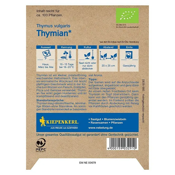 Kiepenkerl Profi-Line Kräutersamen Bio Thymian - Thymus vulgaris, Erntezeit: Ganzjährig - Produktabbildung: Eine Saatguttüte Thymian 'Thymus vulgaris', ideal für den Anbau aromatischer Kräuter im eigenen Garten.