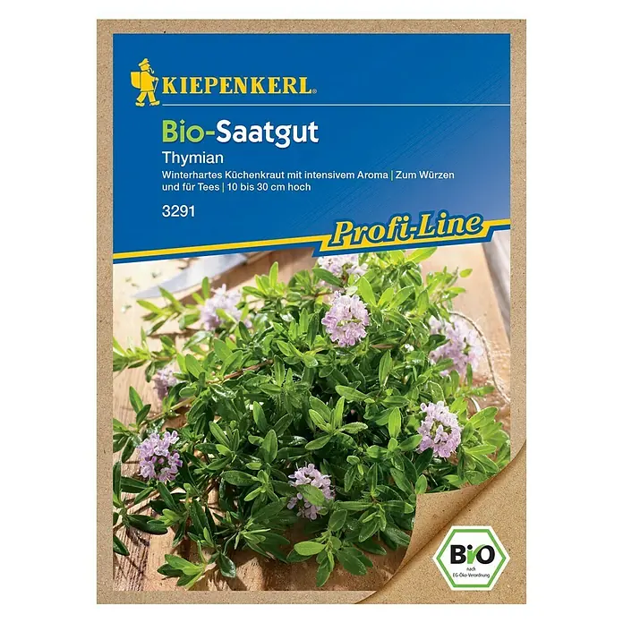 Kiepenkerl Profi-Line Kräutersamen Bio Thymian - Thymus vulgaris, Erntezeit: Ganzjährig - Samenpackung Thymian Bio-Saatgut von Kiepenkerl, winterhartes Küchenkraut mit intensivem Aroma zum Würzen und für Tees.