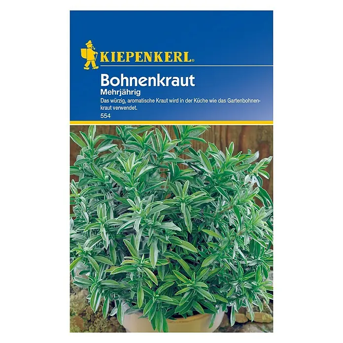 Kräutersamen Bohnenkraut - Satureja montana, Saatzeit: April, Erntezeit: Juni - Bild einer Packung Bohnenkrautsamen der Marke Kiepenkerl.