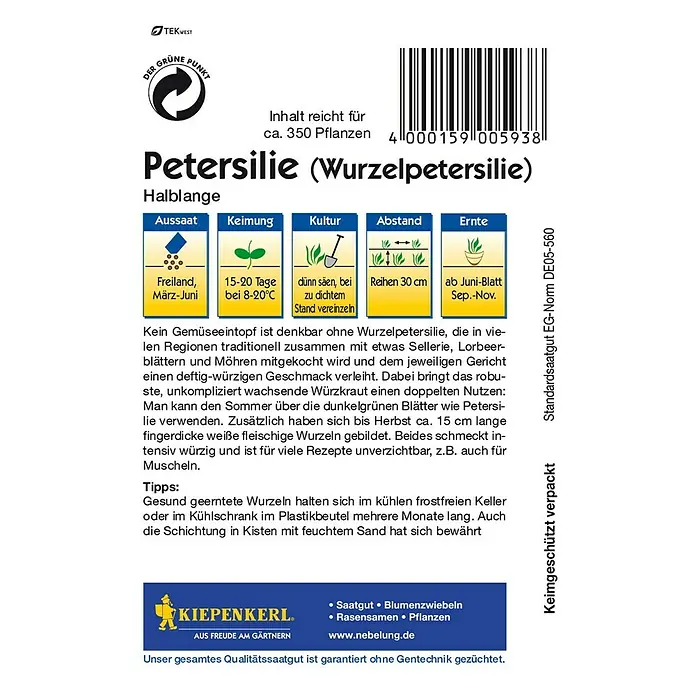 Kiepenkerl Gemüsesamen Wurzelpetersilie - Petroselinum crispum var. tuberosum, Erntezeit: Juni - Bild einer "Petersilie (Wurzelpetersilie)"-Samenpackung von Kiepenkerl mit Anbauhinweisen.