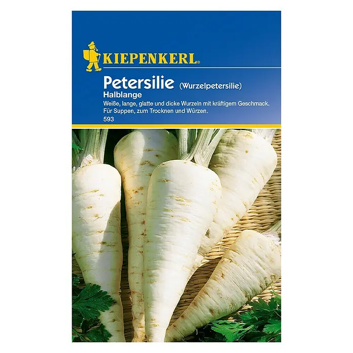 Kiepenkerl Gemüsesamen Wurzelpetersilie - Petroselinum crispum var. tuberosum, Erntezeit: Juni - Abbildung einer Packung Kiepenkerl Petersilie, eine Wurzelpetersilie mit weißen, langen, glatten und dicken Wurzeln, ideal für Suppen und zum Würzen.