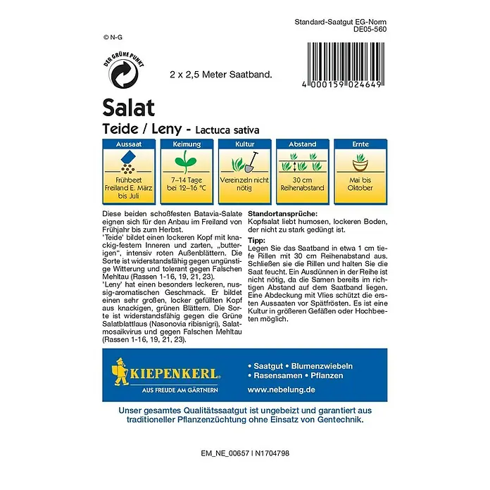 Kiepenkerl Salatsamen Batavia-Salat Saatband - Lactuca sativa, Erntezeit: Mai - Salat Teide/Leny Saatband. Das Saatband enthält Salat der Sorten Teide und Leny (Lactuca sativa) für eine erfolgreiche Ernte.