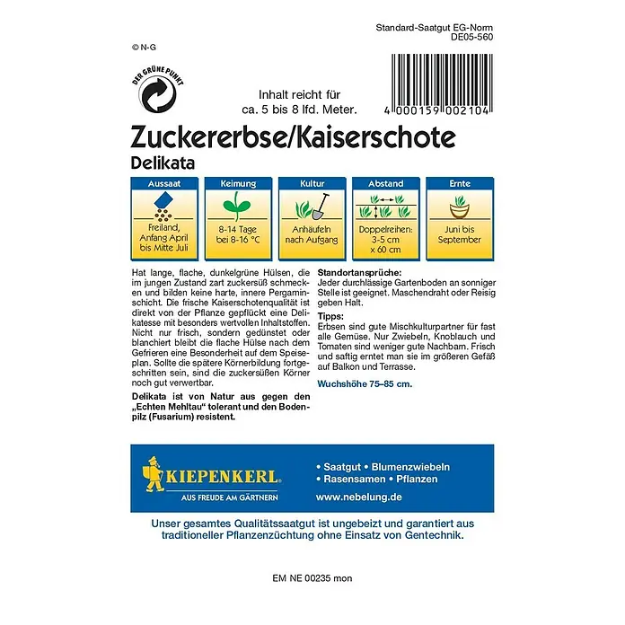 Kiepenkerl Profi-Line Gemüsesamen Zuckererbse - Delikata, Pisum sativum, Erntezeit: Juni - Bild einer Saatguttüte von "Zuckererbse/Kaiserschote Delikata" mit Anbauhinweisen und dem Kiepenkerl-Logo.