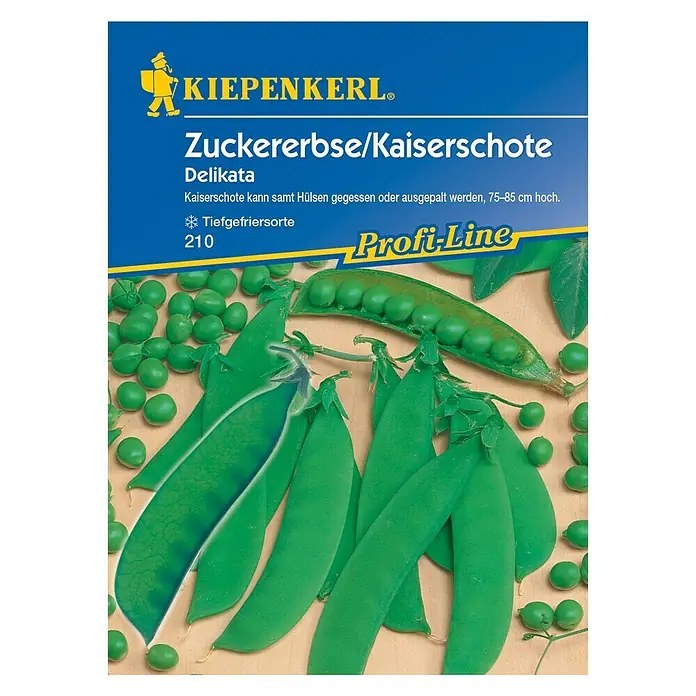 Kiepenkerl Profi-Line Gemüsesamen Zuckererbse - Delikata, Pisum sativum, Erntezeit: Juni - Abbildung einer Kiepenkerl-Samenpackung für Zuckererbsen/Kaiserschote Delikata, eine Tiefgefriersorte mit einer Höhe von 75–85 cm.