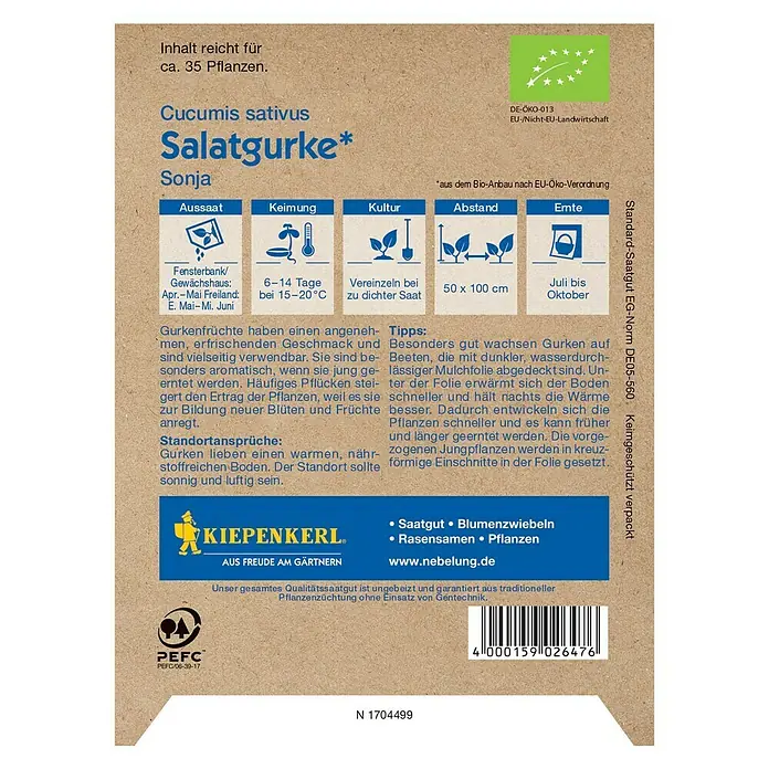 Kiepenkerl Profi-Line Gemüsesamen Salatgurke - Bio, Cucumis sativus, Erntezeit: Juli - Samentüte Salatgurke Sonja. Informationen zu Aussaat, Keimung, Kultur, Abstand und Ernte der Gurkenpflanze.