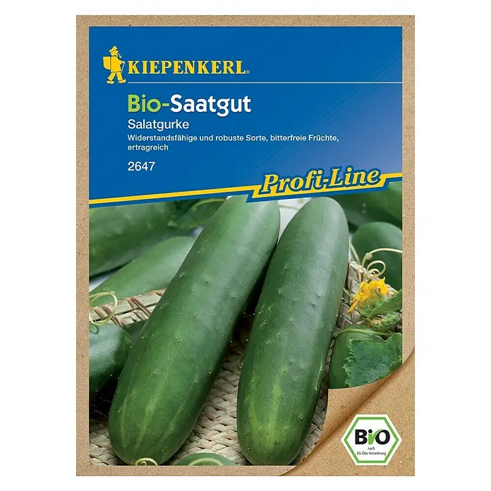 Kiepenkerl Profi-Line Gemüsesamen Salatgurke - Bio, Cucumis sativus, Erntezeit: Juli - Abbildung einer Saatguttüte von Kiepenkerl Bio-Saatgut Salatgurke, widerstandsfähige und robuste Sorte.