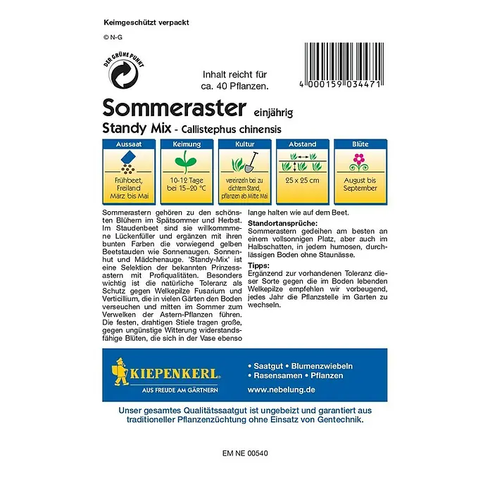 Kiepenkerl Profi-Line Blumensamen Sommeraster - Callistephus chinensis, Standy Mix, Blütezeit: August - Samentüte Sommeraster Standy Mix: Einjährige Sommerastern-Mischung für farbenprächtige Blüten im Spätsommer und Herbst, ideal für Beet und Vase.