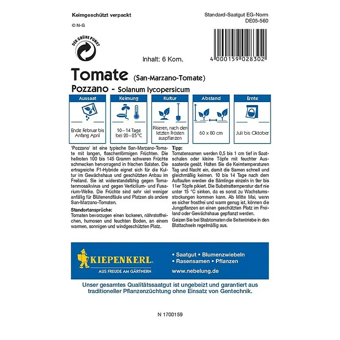 Kiepenkerl Profi-Line Gemüsesamen Tomate - Pozzano F1, Solanum lycopersicum, Erntezeit: Juli - Bild einer Saatguttüte Pozzano San-Marzano-Tomate, die eine ertragreiche F1-Hybride mit langen, flaschenförmigen Früchten zeigt.