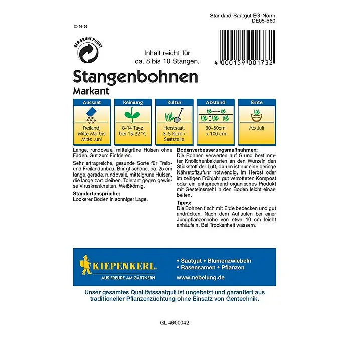 Kiepenkerl Profi-Line Gemüsesamen Stangenbohne - Markant, Phaseolus vulgaris var. vulgaris, Erntezeit: Juli - Bild einer Saatguttüte für Stangenbohnen der Marke Markant mit Anbauhinweisen.