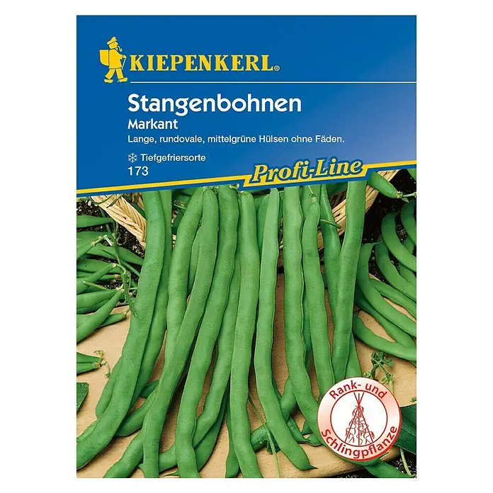 Kiepenkerl Profi-Line Gemüsesamen Stangenbohne - Markant, Phaseolus vulgaris var. vulgaris, Erntezeit: Juli - Samenpackung Stangenbohnen 'Markant' von Kiepenkerl. Lange, runde, mittlere grüne Hülsen ohne Fäden, ideal für Tiefkühlung und Klettergärten.