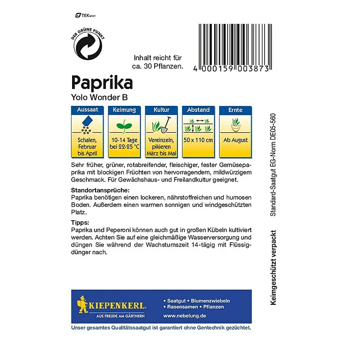 Kiepenkerl Gemüsesamen Paprika - Capsicum annuum, Erntezeit: August, Yolo Wonder - Abbildung einer Saatguttüte 'Paprika Yolo Wonder B', ideal für den Anbau von schmackhaften Paprika im eigenen Garten oder Gewächshaus.