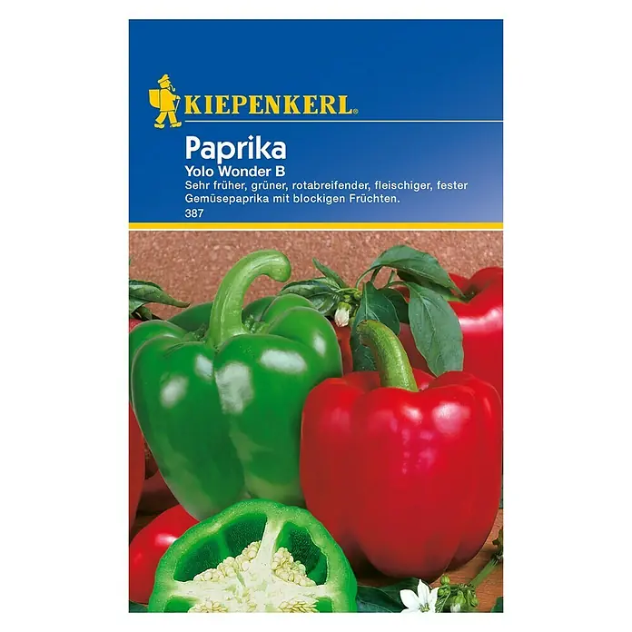 Kiepenkerl Gemüsesamen Paprika - Capsicum annuum, Erntezeit: August, Yolo Wonder - Produktfoto einer Kiepenkerl Paprika Yolo Wonder B Saatgutpackung mit roten und grünen Paprika.