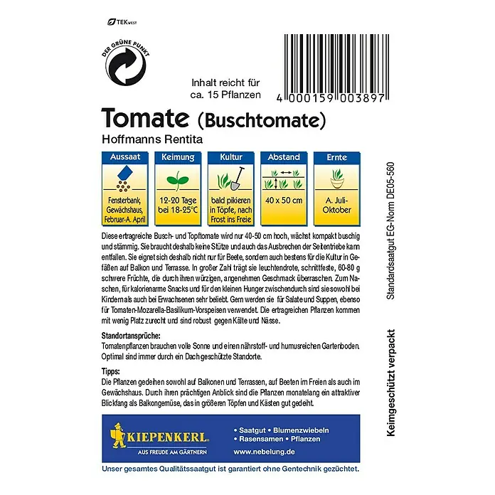 Kiepenkerl Gemüsesamen Tomate - Hofmanns Rentita, Solanum lycopersicum, Erntezeit: Juli - Samentüte 'Tomate Buschtomate Hoffmanns Rentita' mit Infos zu Aussaat, Keimung, Kultur, Abstand und Ernte.