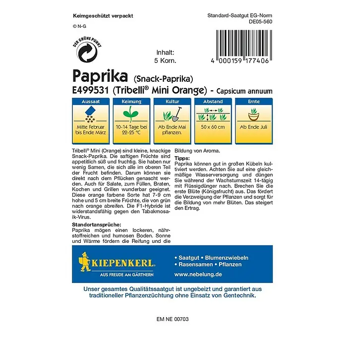 Kiepenkerl Profi-Line Gemüsesamen Snackpaprika - Capsicum annuum, Erntezeit: Juli - Bild einer Saatguttüte für "Tribelli Mini Orange" Snack-Paprika, ideal für Gartenliebhaber.