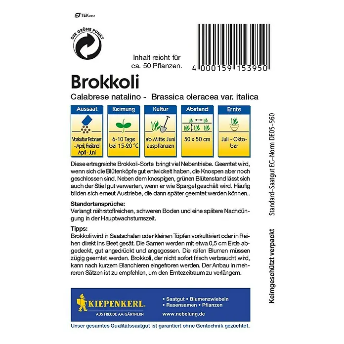 Kiepenkerl Gemüsesamen Brokkoli Calabrese Natalino - Brassica oleracea var. italica, Erntezeit: Juli - Abbildung der Verpackung von Kiepenkerl Brokkolisamen der Sorte Calabrese Natalino mit Anbauhinweisen.