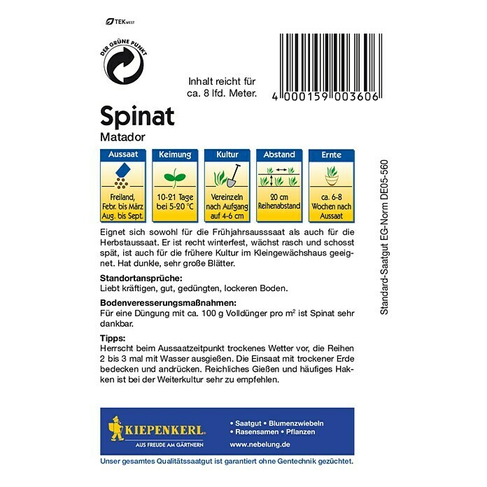 Kiepenkerl Gemüsesamen Spinat33 g, Spinacia oleracea Back View
