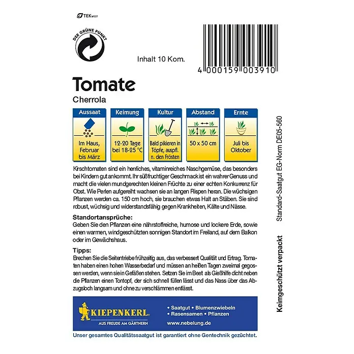 Kiepenkerl Gemüsesamen Tomate - Cherrloa F1, Solanum lycopersicum, Erntezeit: Juli - Abbildung der Samenpackung "Tomate Cherrola" von Kiepenkerl mit Anweisungen zu Aussaat, Keimung, Kultur, Abstand und Ernte.