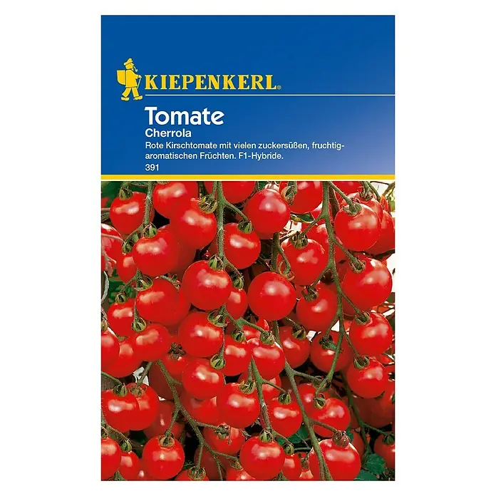 Kiepenkerl Gemüsesamen Tomate - Cherrloa F1, Solanum lycopersicum, Erntezeit: Juli - Bild der Tomatensorte Cherrola von Kiepenkerl, einer roten, zuckersüßen Kirschtomate, ideal für den Gartenanbau.
