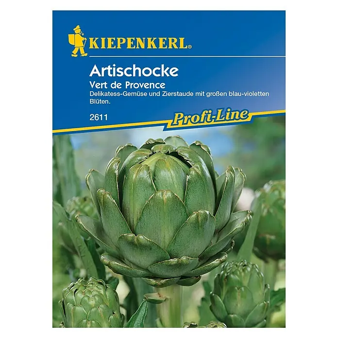 Kiepenkerl Profi-Line Gemüsesamen Artischocke Vert de Provence - Cynara cardunculus, Erntezeit: September - Produktabbildung der Artischocken-Samenpackung "Vert de Provence" von Kiepenkerl, einer Delikatesse mit violetten Blüten.