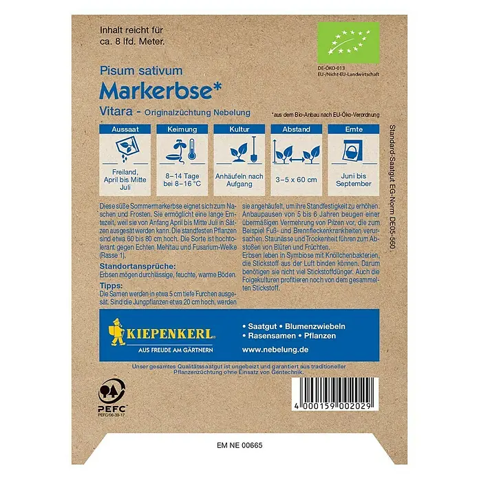 Kiepenkerl Gemüsesamen Markerbse - Bio Sommermarkerbse, Pisum sativum, Erntezeit: Juni - Abbildung einer Saatguttüte "Markerbse" der Marke Kiepenkerl, ideal für den Anbau im eigenen Garten.